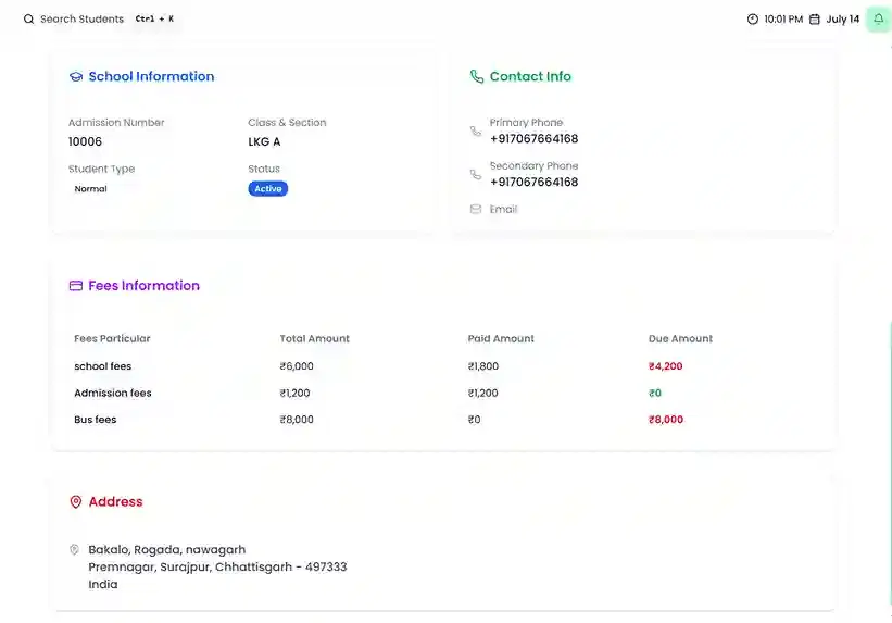 Student profile dashboard showing attendance, fees, and exam details