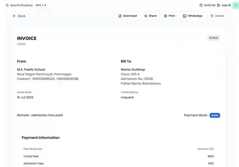 Student Invoice screen with download and print options